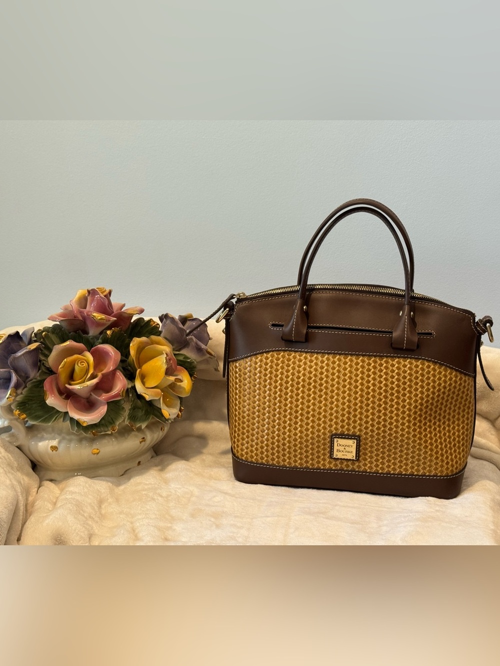 Dooney & Bourke Beacon Woven Domed Satchel Brown & Tan Woven Pattern